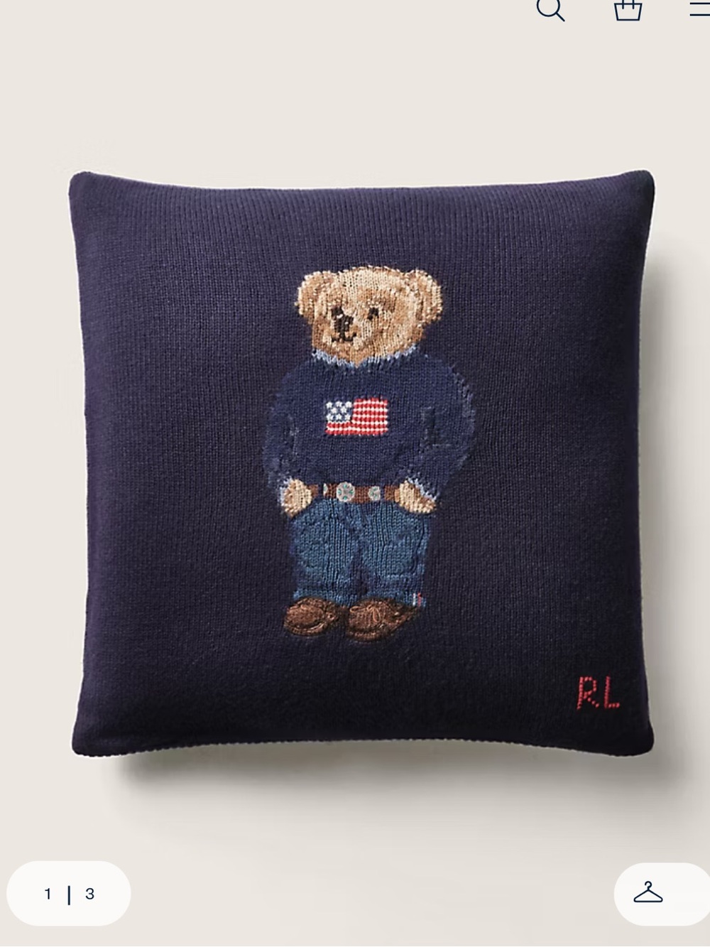 Polo by Ralph Lauren Navy Knit Bear Accent Pillow with Flag Motif